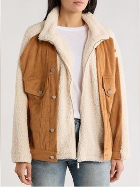 NWT BLANKNYC Catch Me Outside Trucker Jacket Two Tone Sherpa Suede Tan XS